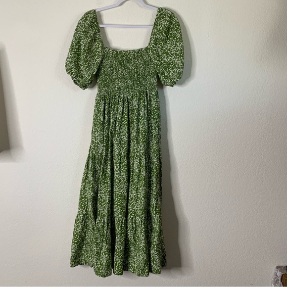 Abercrombie & Fitch Womens Green/ White Smocked tiered linen blend Midi Dress MT - Picture 10 of 10